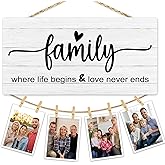 Hiuwevt Family Picture Frame Photo Hanging Display, Family Reunion Gifts, Where Life Begins and Love Never Ends Picture Board Photo Holder for Wall Decor