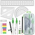 Akuoly Geometry Compass Kit Starter Maths Set with 2 Drafting Compasses Protractor Set Squares Ruler and More for Students Maths Study, Green
