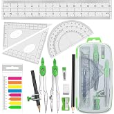 Akuoly Geometry Compass Kit Starter Maths Set with 2 Drafting Compasses Protractor Set Squares Ruler and More for Students Maths Study, Green