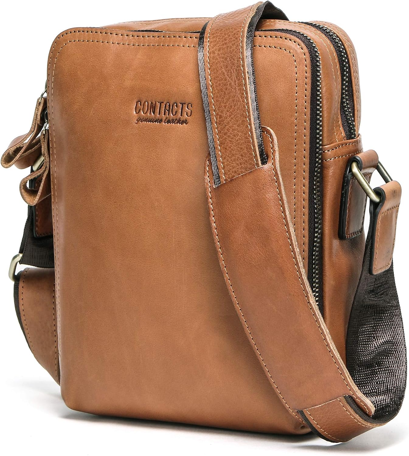 CONTACTS Genuine Leather Mens Shoulder Bag Small Messenger Vintage CrossBody Bag Travel Handbag Brown
