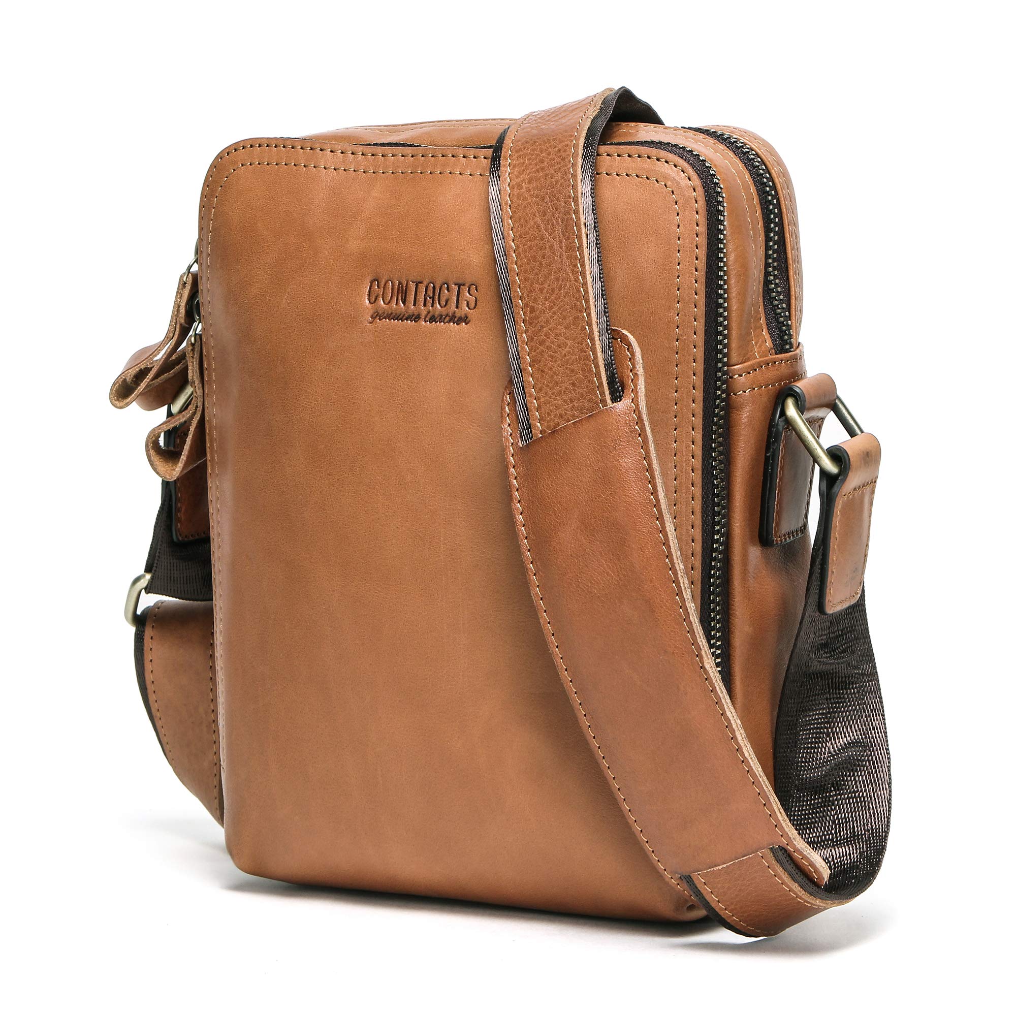 CONTACTS Genuine Leather Mens Shoulder Bag Small Messenger Vintage CrossBody Bag Travel Handbag Brown