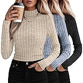 3 Pack Women's Mock Turtleneck Sweaters, Long Sleeve Ribbed Knit Tops Fit Soft Thermal Underwear, Lightweight Spring Pullover