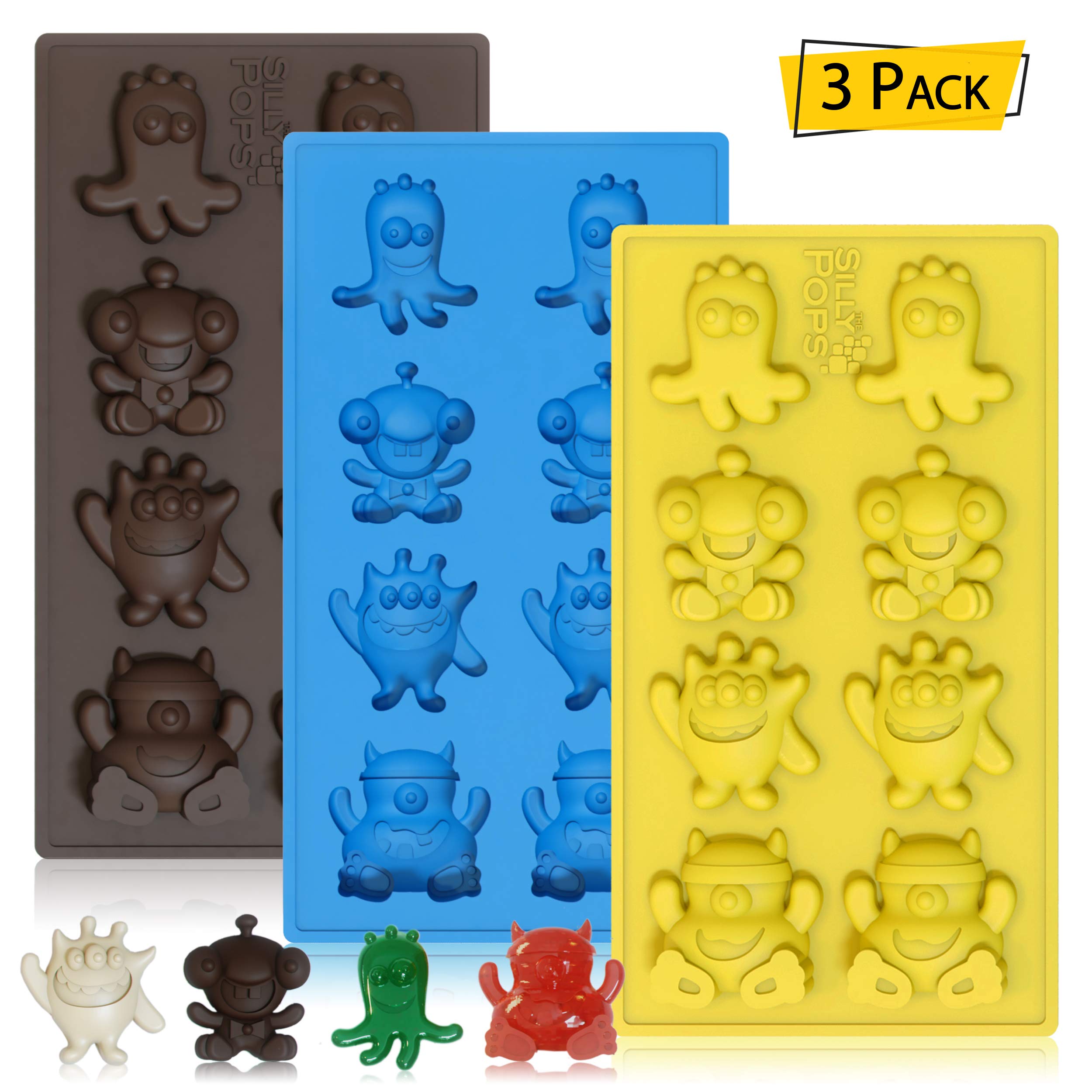 Chocolate Candy Mold Crazy Monsters - Set of 3 for 24 Candies - Non-Stick BPA Free Silicone Gummy Molds, Jelly Molds, Ice Cube Tray, Gelatin Mold, Soap Mold, Fat Bomb Molds