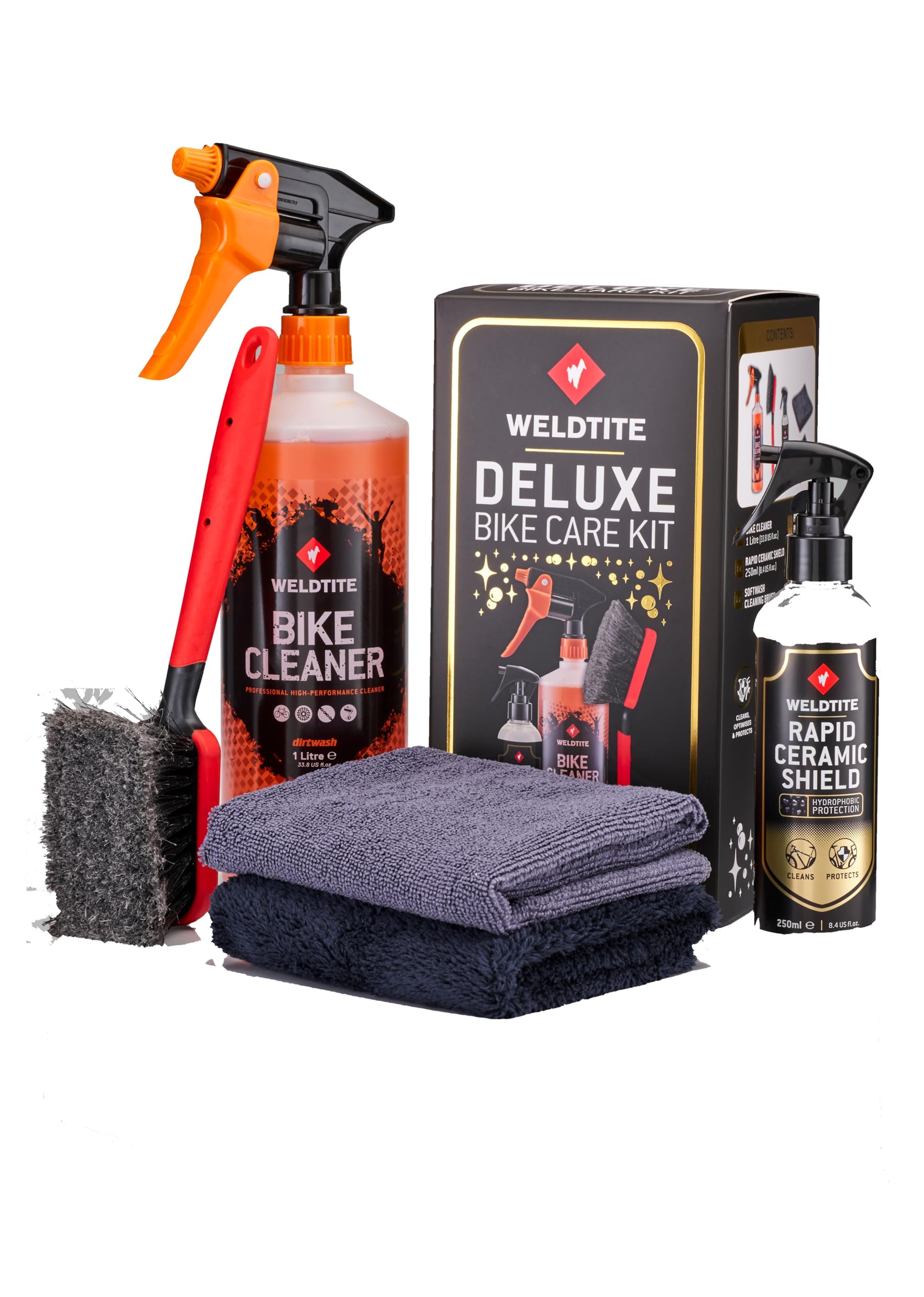 WELDTITE Deluxe 5-in-1 Bike Care Kit - Comprehensive Bike Cleaning Set With Cleaner, Brushes, Ceramic Shield & Premium Cloths