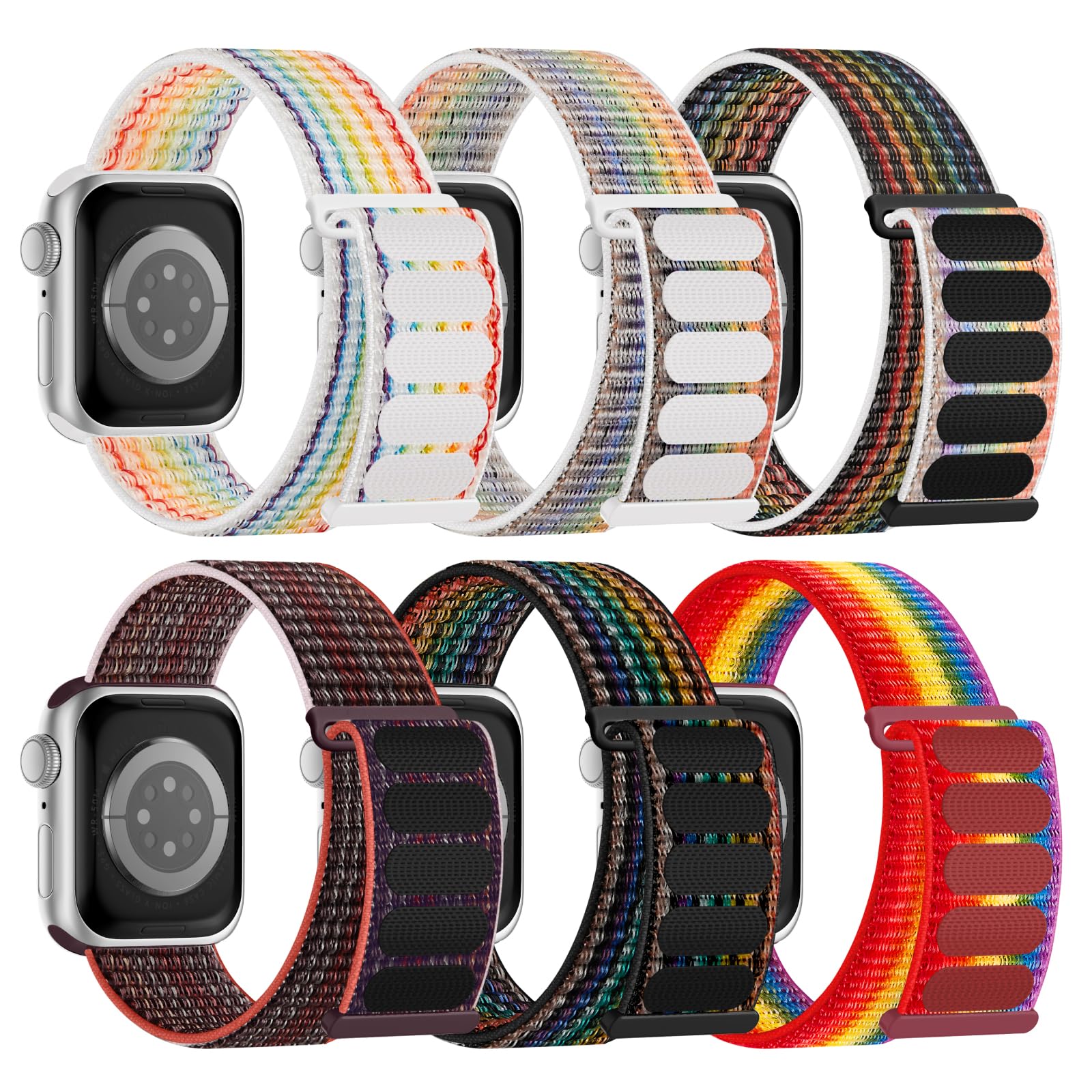 6 Pack Sport Nylon Loop Band Compatible with Apple Watch Band 38mm 40mm 41mm 42mm 44mm 45mm 46mm 49mm for Women Men, Adjustable Breathable Braided Straps for iWatch Series 11/10/9/8/7/6/5/4/3/SE/Ultra