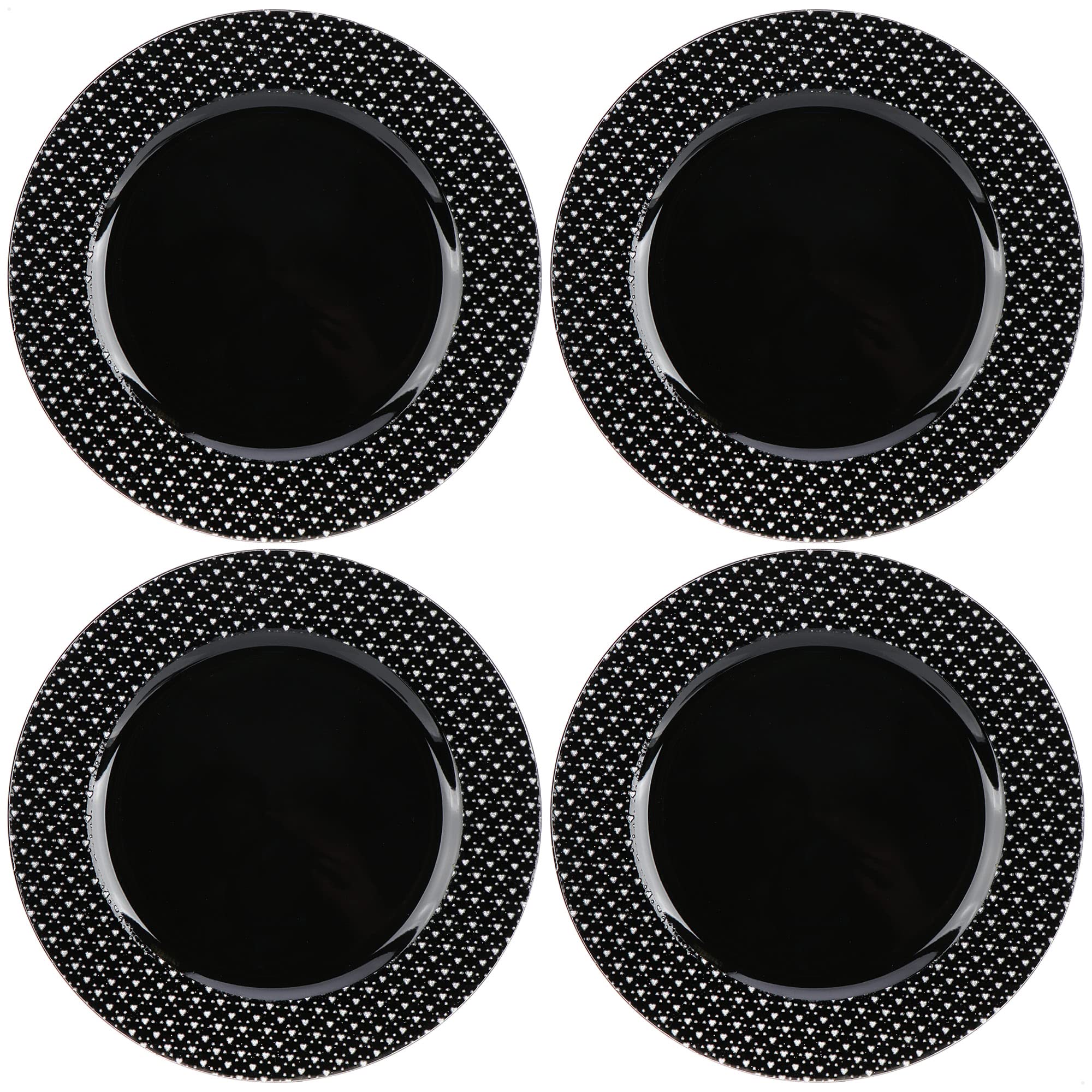 com-four® 4X underplates Glossy Black with Glitter Hearts - Saucer as Table Decoration - Decorative Plates for Weddings or Family Celebrations - Ø 33 cm