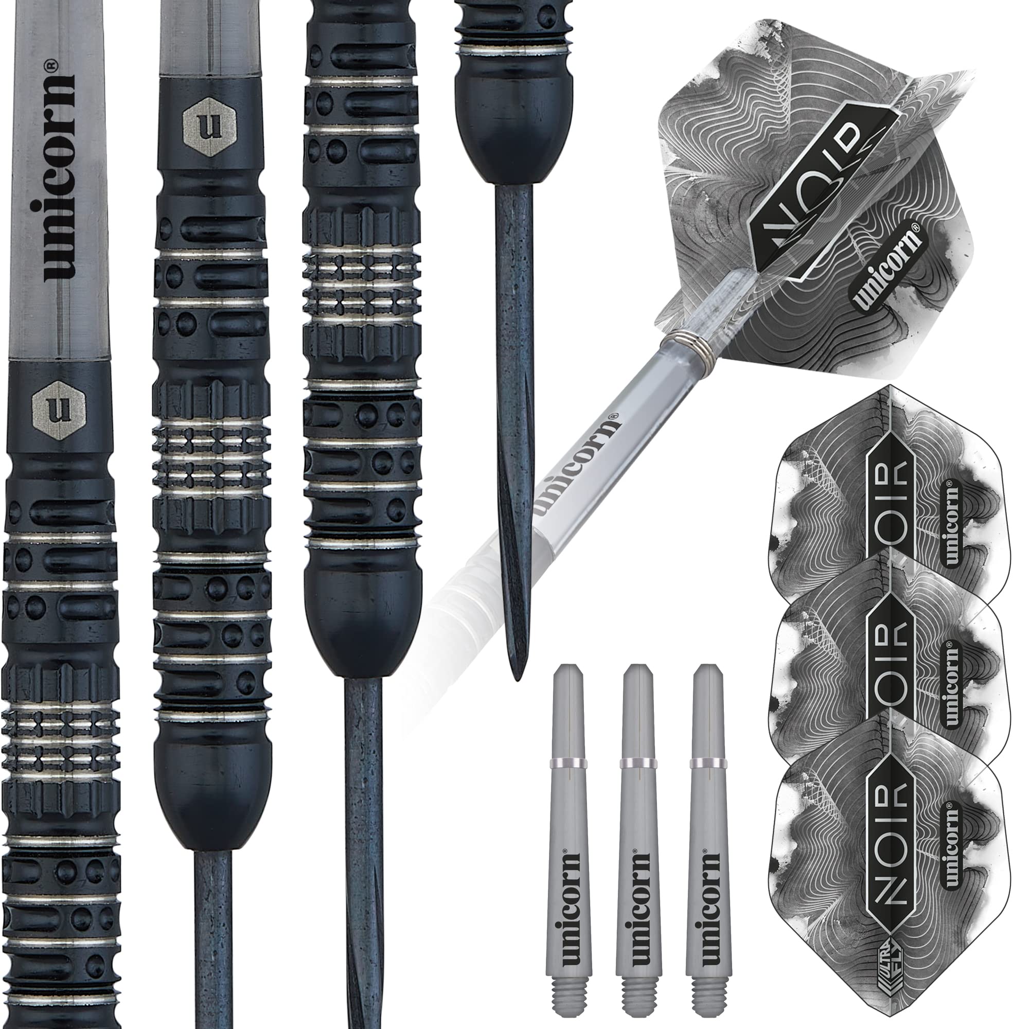 ‎Unicorn Steel Tip Professional Darts Set | Noir Style 4 | 90% Tungsten Barrels with Black Titanium Coating & Black Volute Points | 21 g