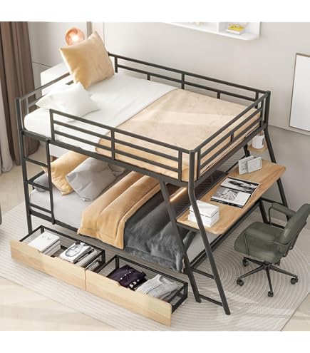 bunki Amazon.com: RuiSiSi Metal Bunk Bed with Desk and 2 Drawers