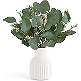 Dahey Artificial Eucalyptus Stems in Small Ceramic Vase Centerpiece Table Decorations Modern Farmhouse Decor Fake Eucalyptus Plants with Vase for Bathroom Kitchen Shelf Living Room Home Decor, White