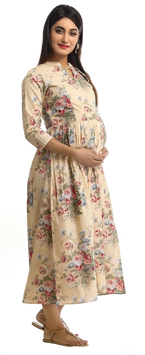 anayna women's cotton floral printed long maternity dress (biege)
