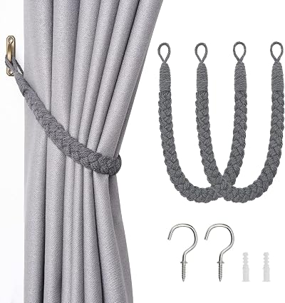 Pretty Jolly 2 Pack Natural Cotton Rope Curtain Tiebacks Dark Grey