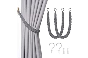 NICEEC 2 Pack Natural Cotton Rope Curtain Tiebacks Elegant Boho Style Decorative Drape Tie Backs Soft Hand-Woven Rope Curtain Holdbacks with Metal Hook for Home & Office Drapery (Dark Grey)
