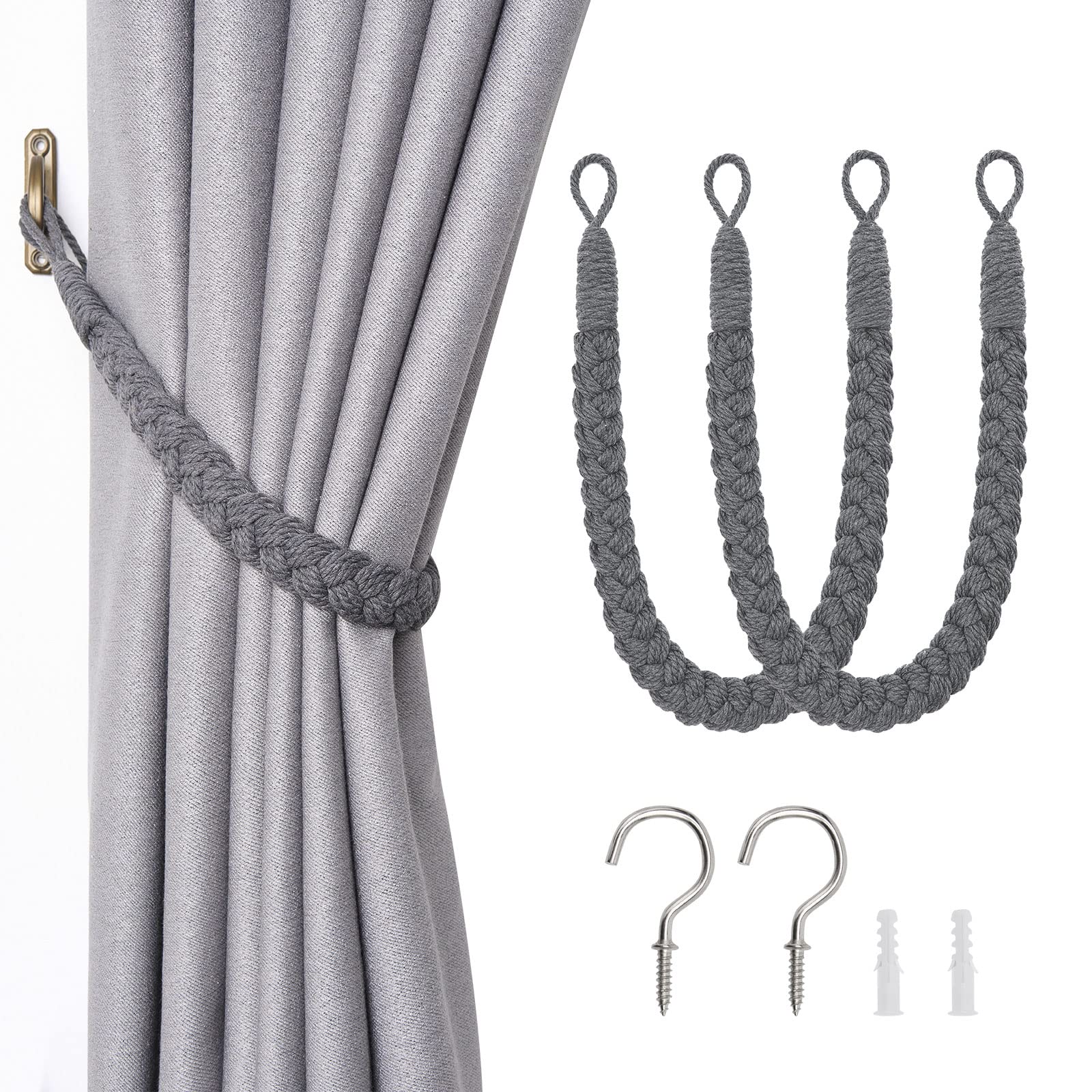 Pretty Jolly 2 Pack Natural Cotton Rope Curtain Tiebacks Elegant Boho Style Decorative Drape Tie Backs Soft Hand-Woven Rope Curtain Holdbacks with Metal Hook for Home & Office Drapery (Dark Grey) — image 1