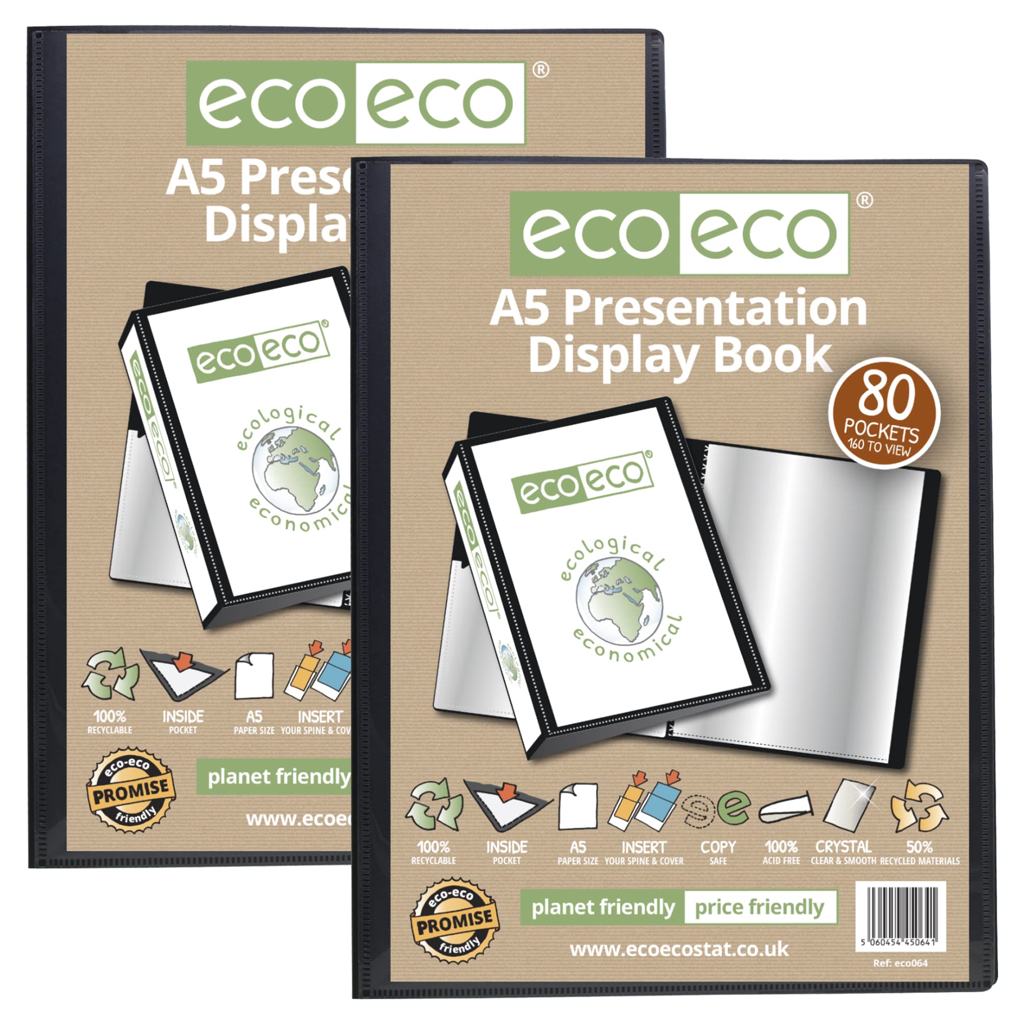 eco-eco A5 Size 50% Recycled 80 Pocket Black Presentation Display Book, Storage Case Portfolio Art Folder with Plastic Sleeves, eco064x2, (Pack of 2 Books)