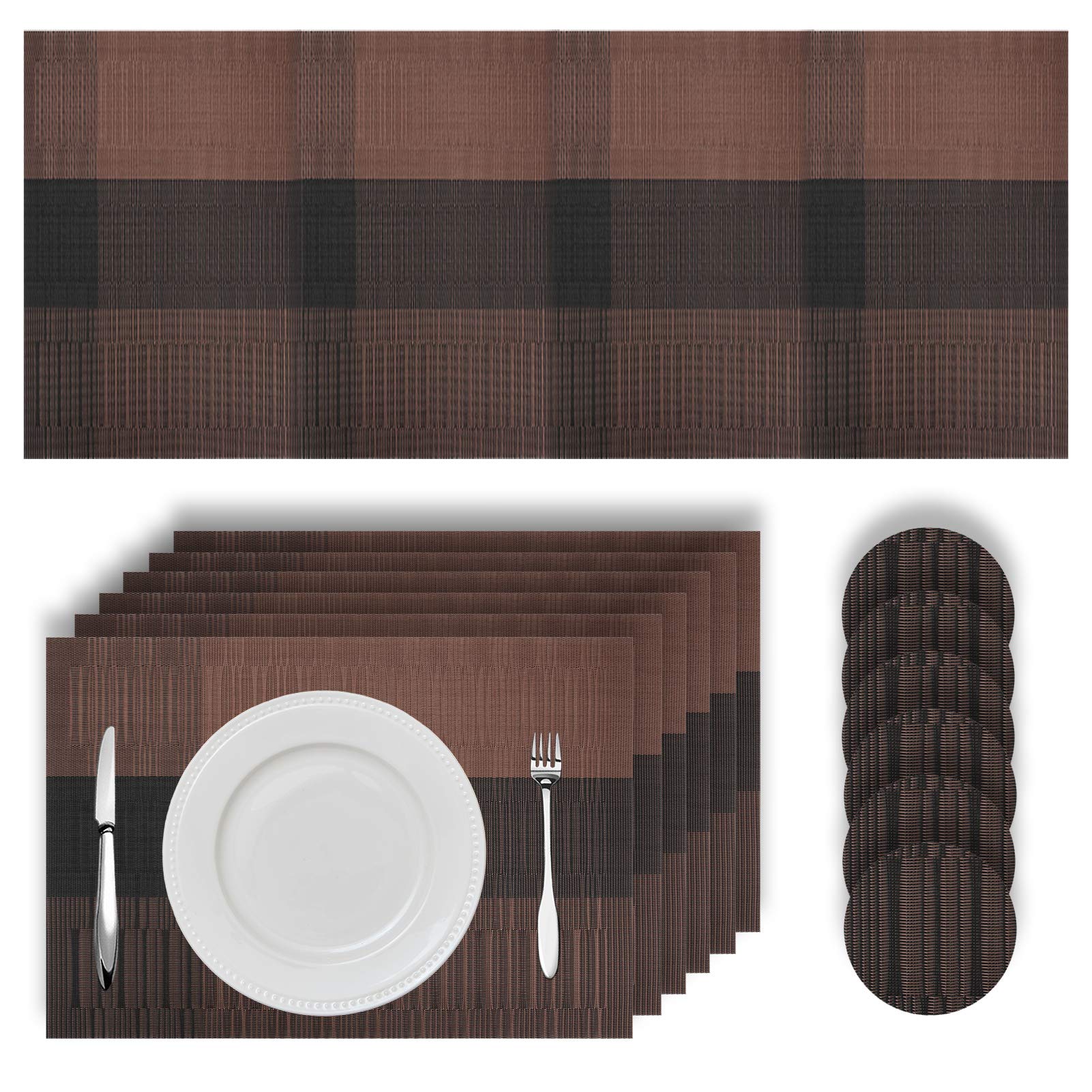 HEYOMART Placemats Table Mats 13 Piece Set with 6 x Placemats + 6 x Coasters + 1 x Long Table Mat Anti Slip Place Mats and Coaster Sets for Home & Restaurant, Coffee