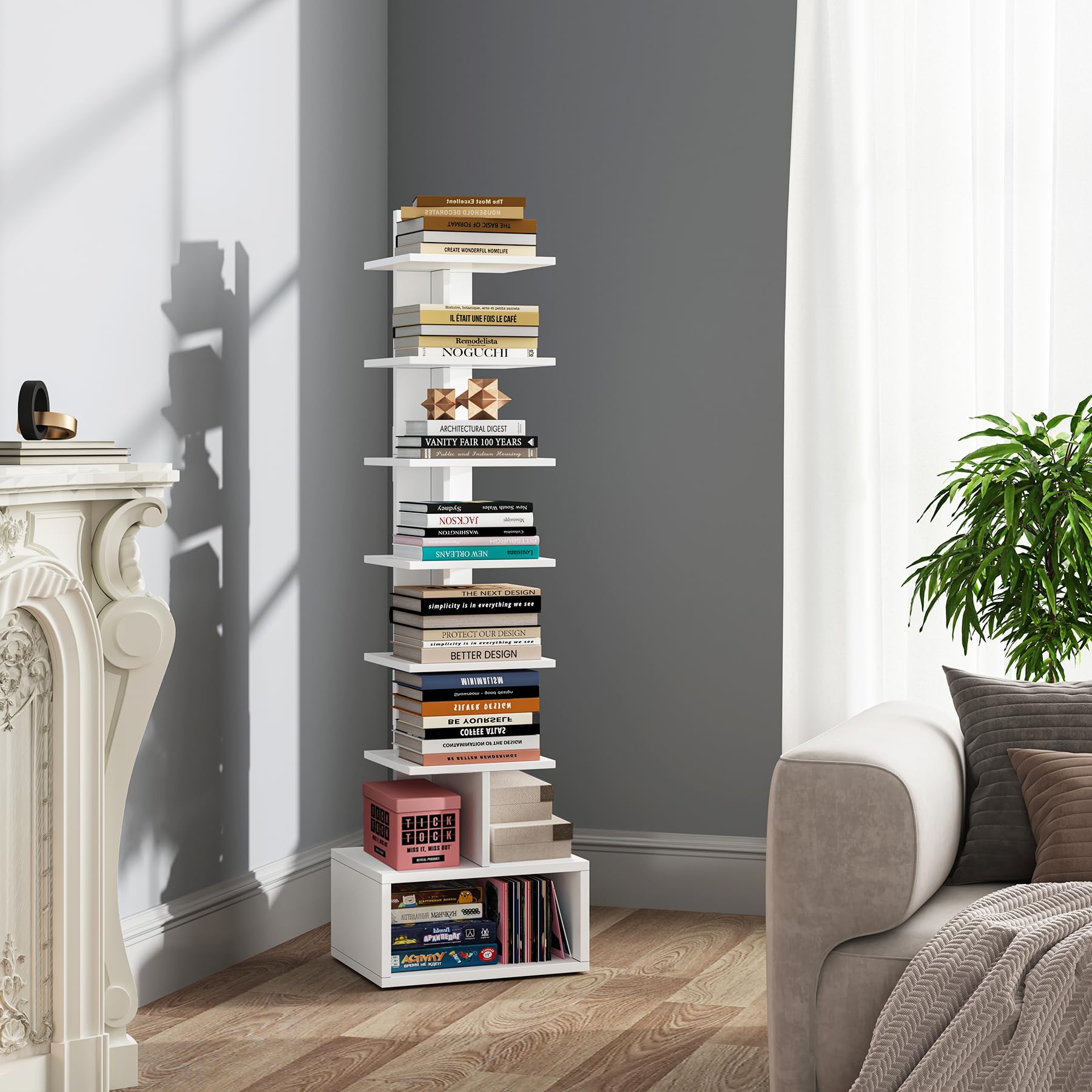 Photo 1 of TUTOTAK Narrow Bookshelf, Vertical 8-Tier Bookcase, Spine Book Shelf for Small Space, Small Standing Shelf for Living Room, Office, Study, Entryway, White BS07BW008