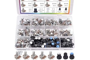 Taiss 200PCS Potentiometer Kit with Rotary knobs,WH148 B1K 5K 10K 20K 50K 100K 250K 500K 1M ohm potentiometers Single Linear Taper Rotary Audio B Type Potentiometer Assortment and Nuts, Washers
