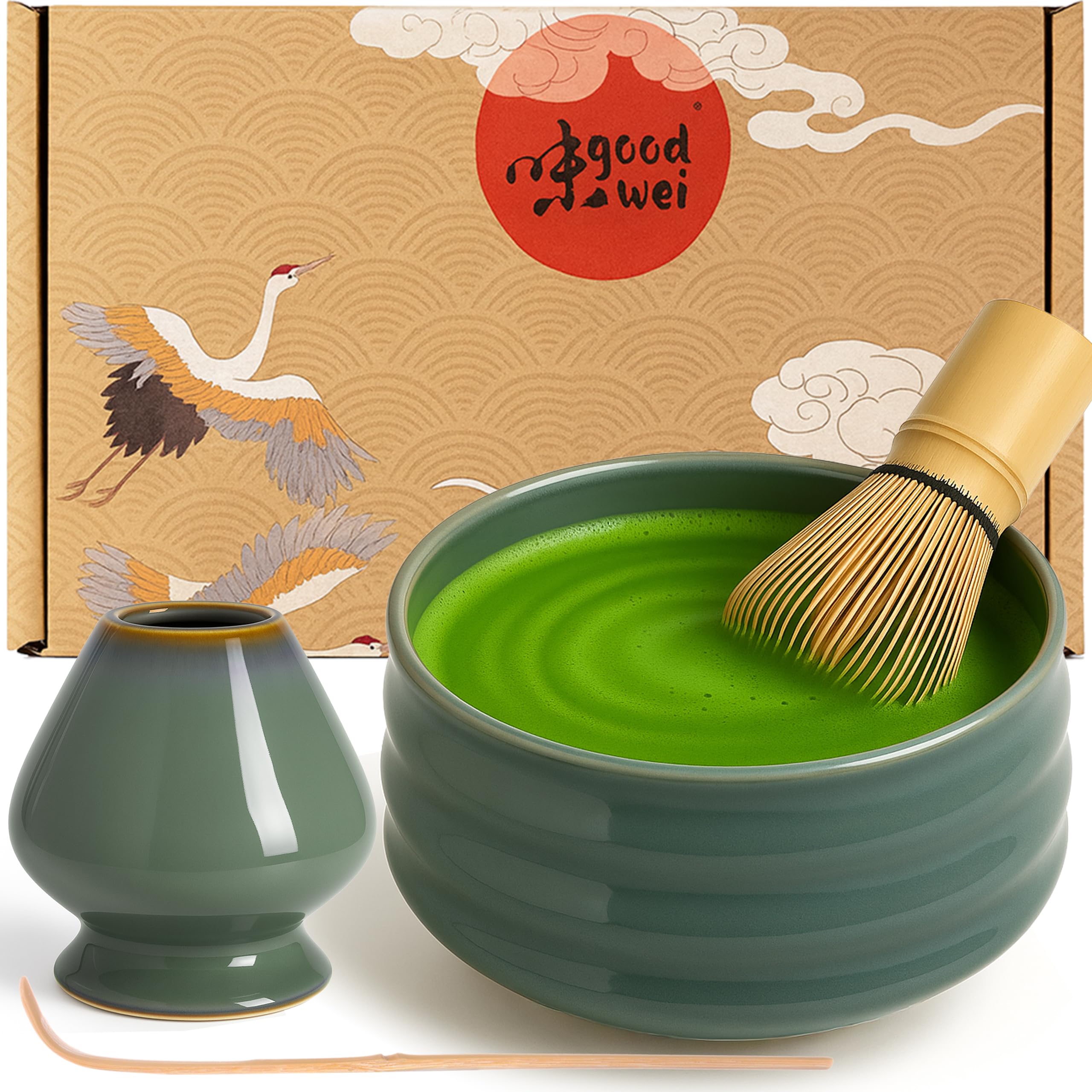 Goodwei Matcha Set with Matcha Whisk, Spoon and Ceramic Matcha Bowl with Whisk Holder in Matching Design | Artisanal Matcha Tea Bowl Chawan | Gift Set (Menouseki, 80)