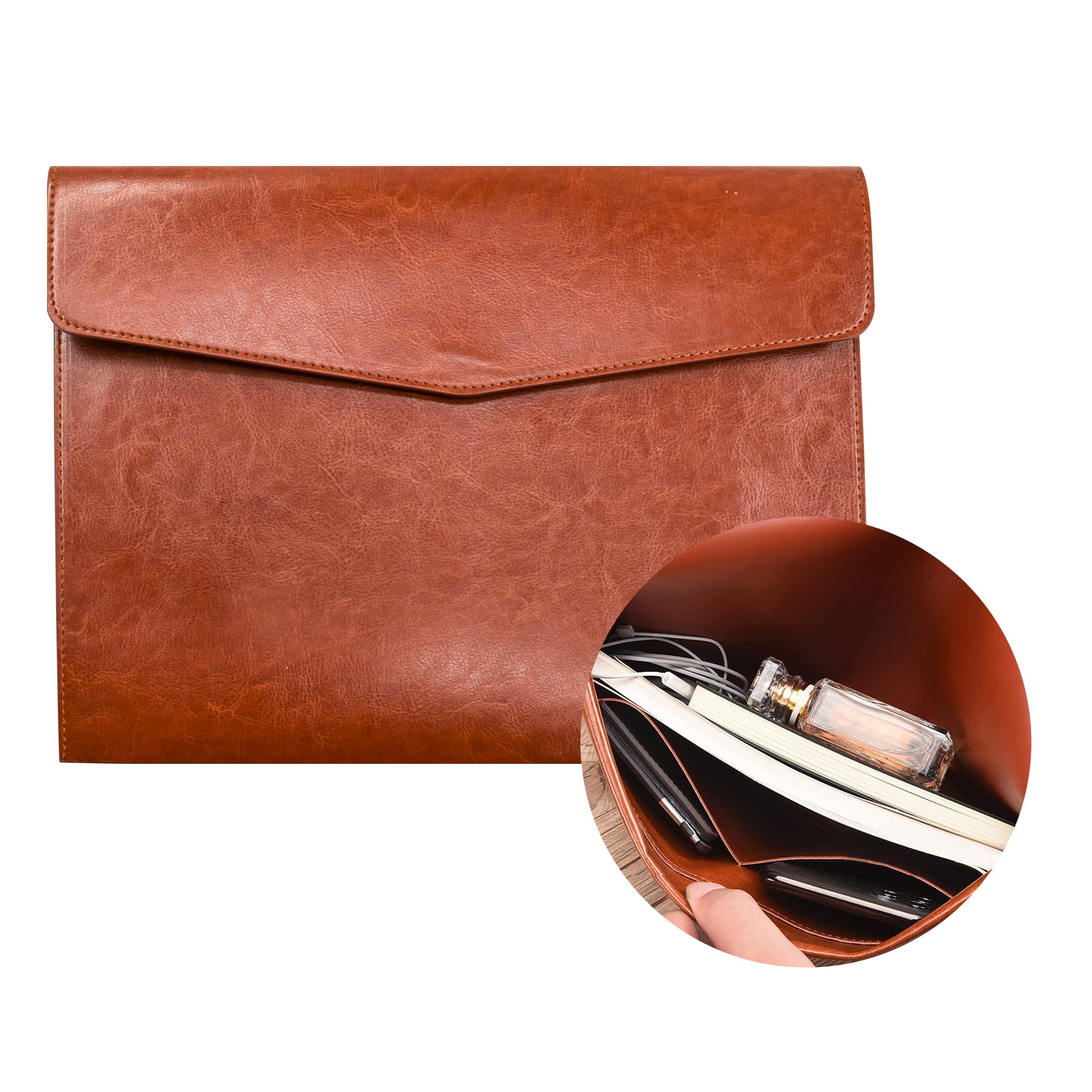VANRA File Folder Organizer PU Leather File Jackets Document Holder Project Pockets with Magnetic Closure Button and Inner Bag for A4 Letter Size Paper (Brown)