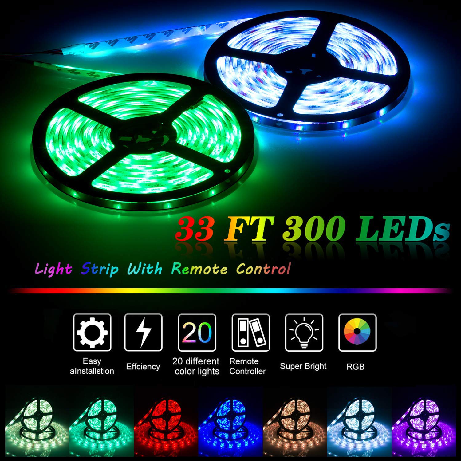 Rubans à LED Etanche 10M 300 LED 5050 RGB SMD Multicolore Bande LED Lumineuse avec Télécommande à Infrarouge 44 Touches et Alimentation 12V 33FT