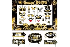 BISWITER 25pcs New Years Photo Booth Props 2026 with Photo Frame, Happy New Years Eve Party Supplies 2026, Black Gold New Years Eve Props 2026