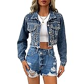 YILANUOYI Women's Rivet Studded Denim Jacket Cropped Washed Pearl Short Jean Coat