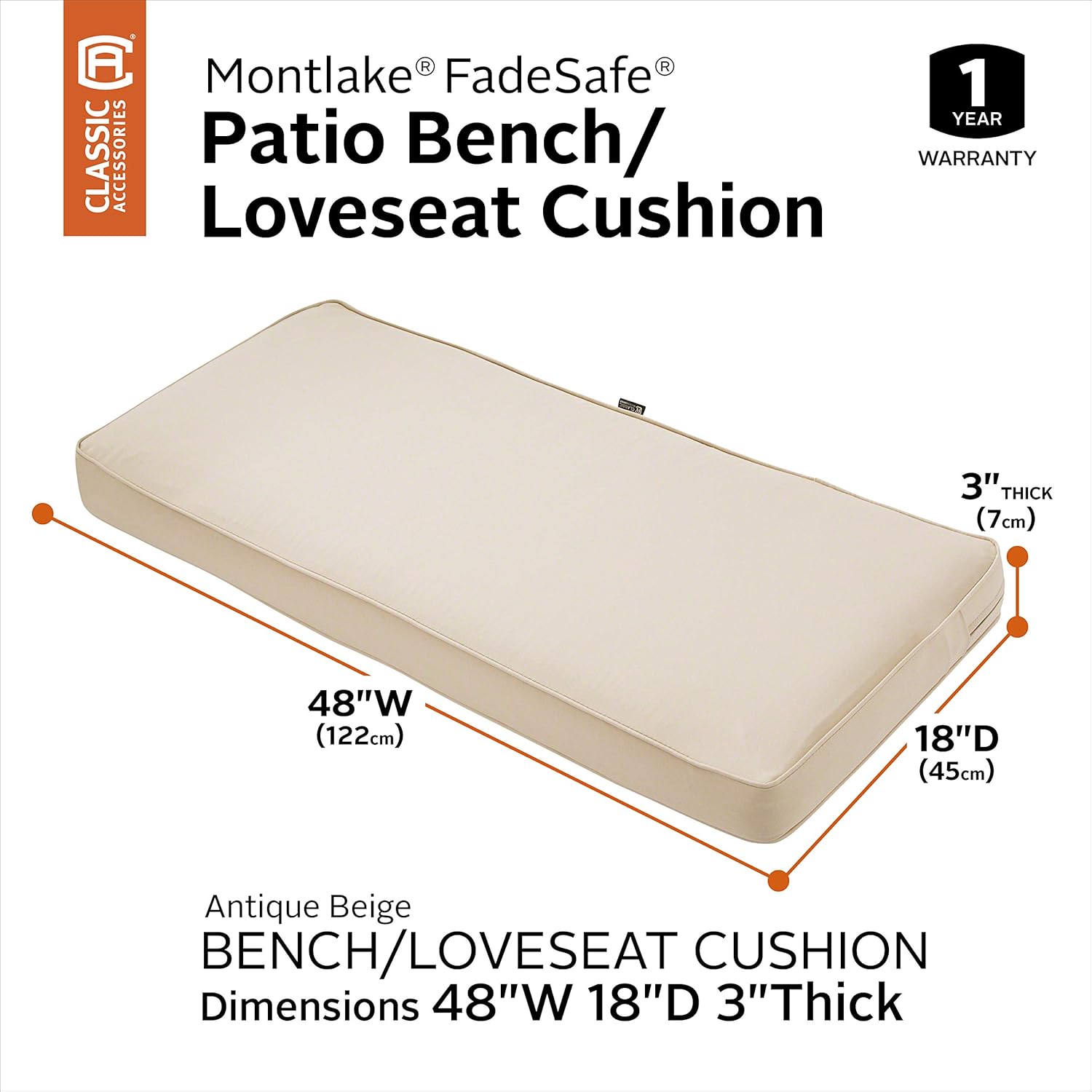 Classic Accessories Montlake Water-Resistant 48 x 18 x 3 Inch Outdoor Bench/Settee Cushion, Patio Furniture Swing Cushion, Antique Beige : Garden & Outdoor