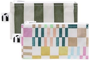 BUMKINS Roamio Reusable Snack Bags, for Kids School Lunch and for Adults Portion, Washable Fabric, Waterproof Cloth Zip Bag, Supplies Pack Travel Pouch, Food-Safe Storage, 2-pk Green Stripe and Multi Check