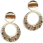 JeanBeau Chunky Gold Double Circle Hoop Drop Dangle Earrings for Women, Trendy Statement Large Round Geometric Brown Rhinestone CZ Dangling Earing Fashion Jewelry Gift