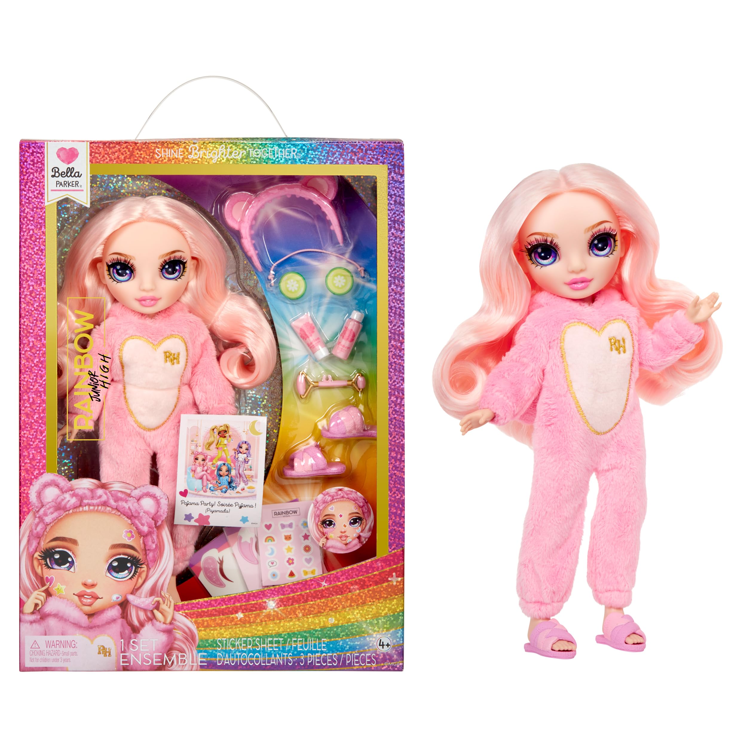 Rainbow High Junior High PJ Party - Bella (Pink) - 22 cm Posable Doll with Soft Onesie, Slippers and Play Accessories - Kids Toy - Great for Ages 4-12 Years