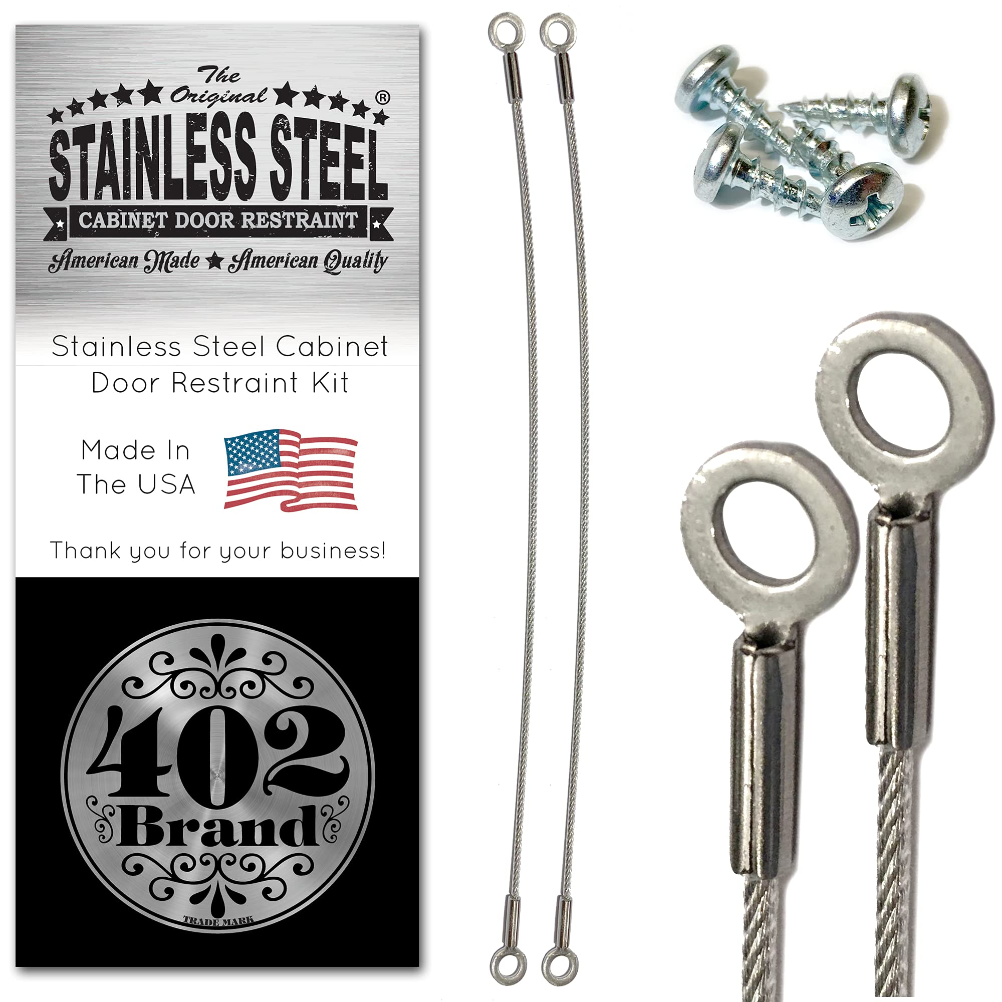 Cabinet Door Restraint, 8 Inch Stainless Steel Cupboard Hinge Limiter Swing Restrictor Stopper, Flexible Braided Cable, Prevent Door from Opening Too Far Made in USA by Salt Life Solutions (2 Pack)