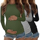Riyiper 3 Pack Women's Maternity Shirts Long Sleeve Ribbed Knit Pregnancy Tees Crewneck Tunic Clothes Casual Fall Tops