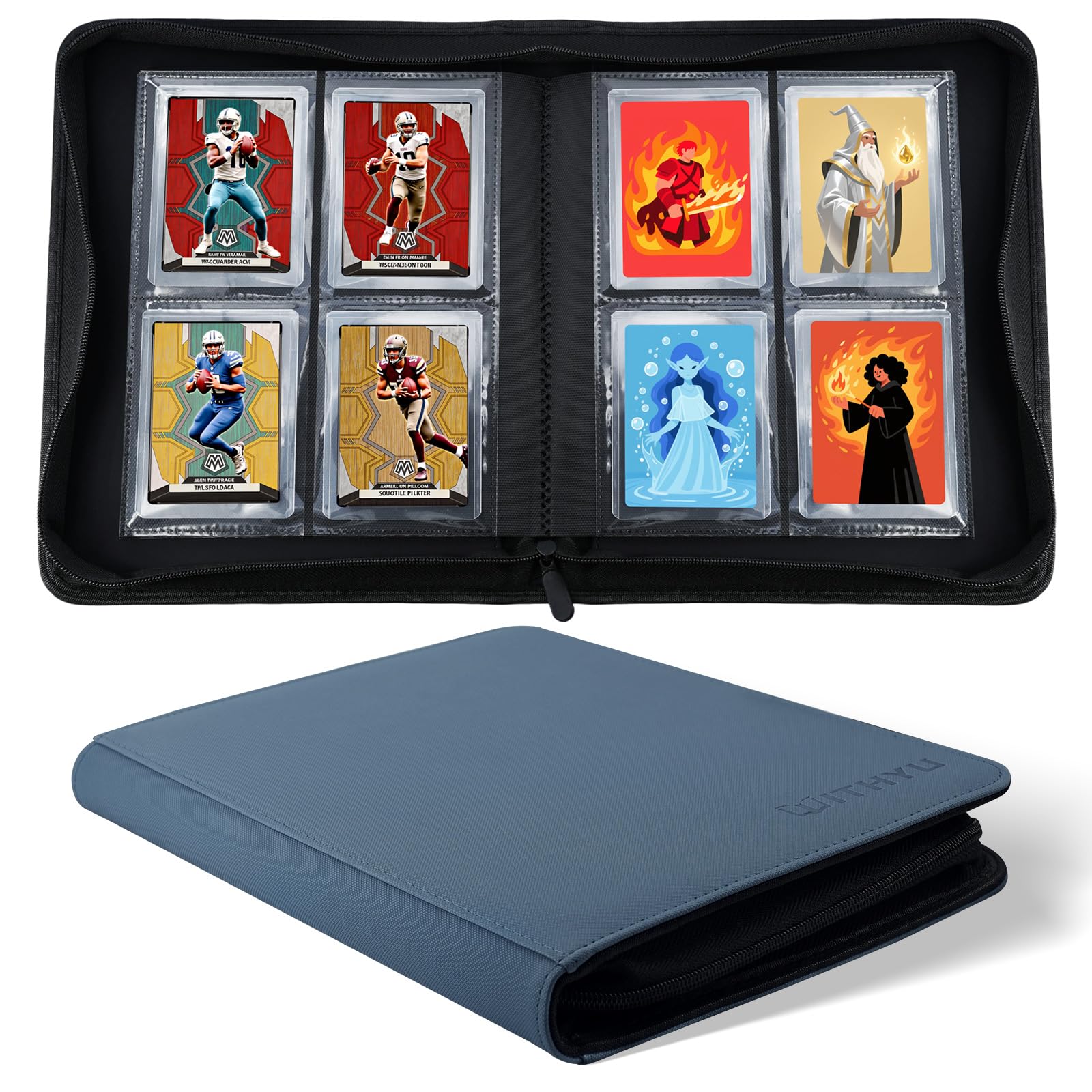 WITHYU Top Loader Binder for 3"x4" Toploaders - Zippered Storage for 128 Toploaders, 4 Pocket Pages, Compatible with TCG, MTG, Sports & Trading Cards (Ink Blue)