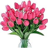 Sggvecsy 15 Pcs Fake Tulips Artificial Flowers Real Touch PU Faux Flowers Tulip Stems for Wedding Spring Bouquet Floral Arrangement Home Party Office Decorations for Mother's Day (Dark Pink)