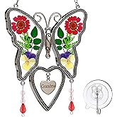 KUNDGLA Suncatcher Grandma Butterfly Heart Shaped Glass Suncatcher with Pressed Flower Nana Gifts Wind Chimes with Real Flowers, Pendant Birthday Gifts for Grandma Mother`s Day Indoor Décor