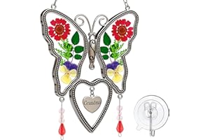 KUNDGLA Suncatcher Grandma Butterfly Heart Shaped Glass Suncatcher with Pressed Flower Nana Gifts Wind Chimes with Real Flowers, Pendant Birthday Gifts for Grandma Mother`s Day Indoor Décor