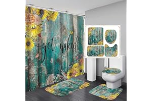 AZHM 4Pcs Get Naked Sunflower Shower Curtain Sets Floral Green Bathroom Set Decor with Non-Slip Rugs Bath U-Shaped Mat Toilet Lid Cover Country Flower Bathroom Curtains Shower Set with 12 Hooks