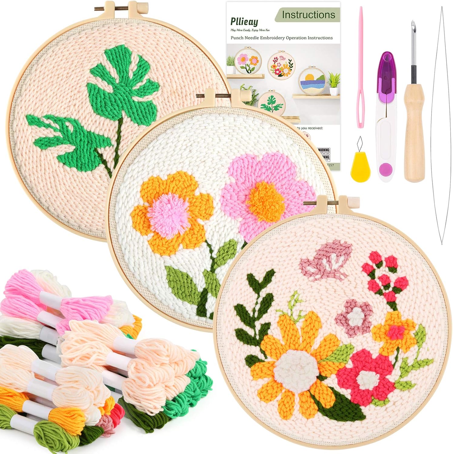 Pllieay 3 Set Punch Needle Embroidery Starter Kits include Instruction, Punch Needle Fabric with Pattern, Yarns