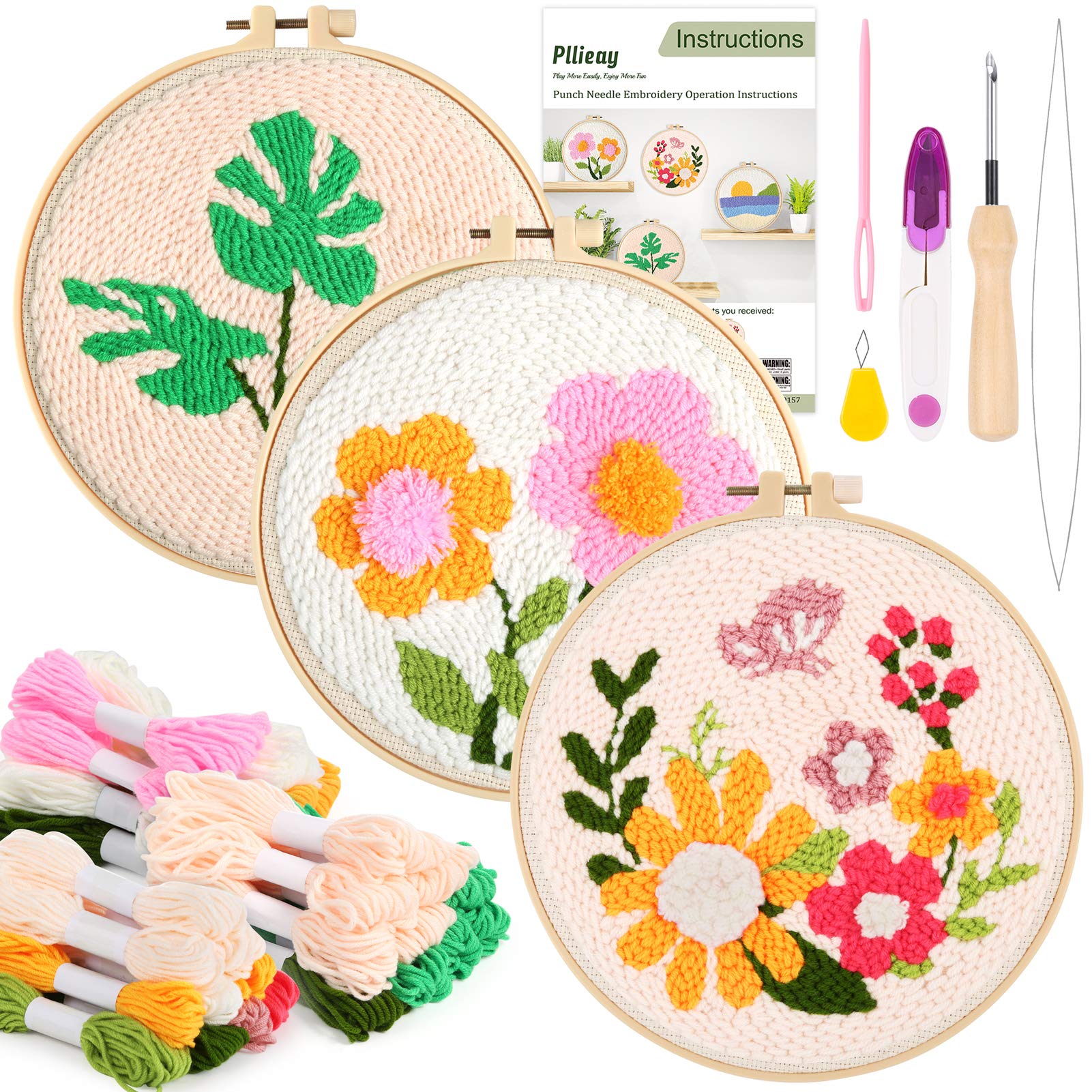 Pllieay 3 Set Punch Needle Embroidery Starter Kits include Instruction, Punch Needle Fabric with Pattern, Yarns, Embroidery Hoops for Rug-Punch & Pinch Needle