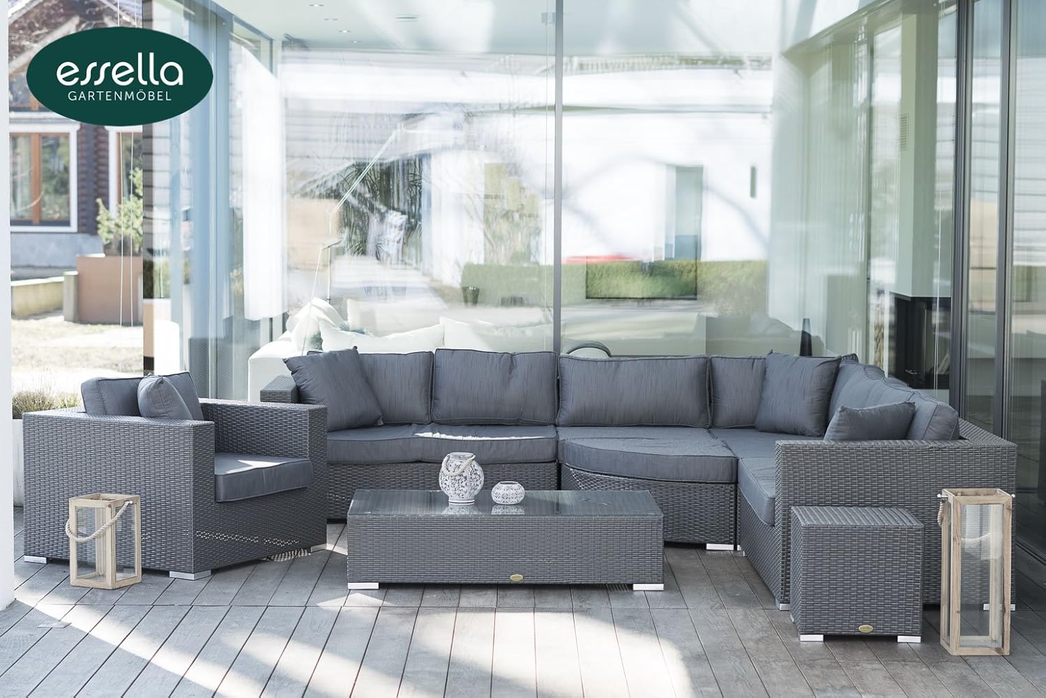 Polyrattan Lounge Palm Beach 8-Personen - Flachgeflecht Grau