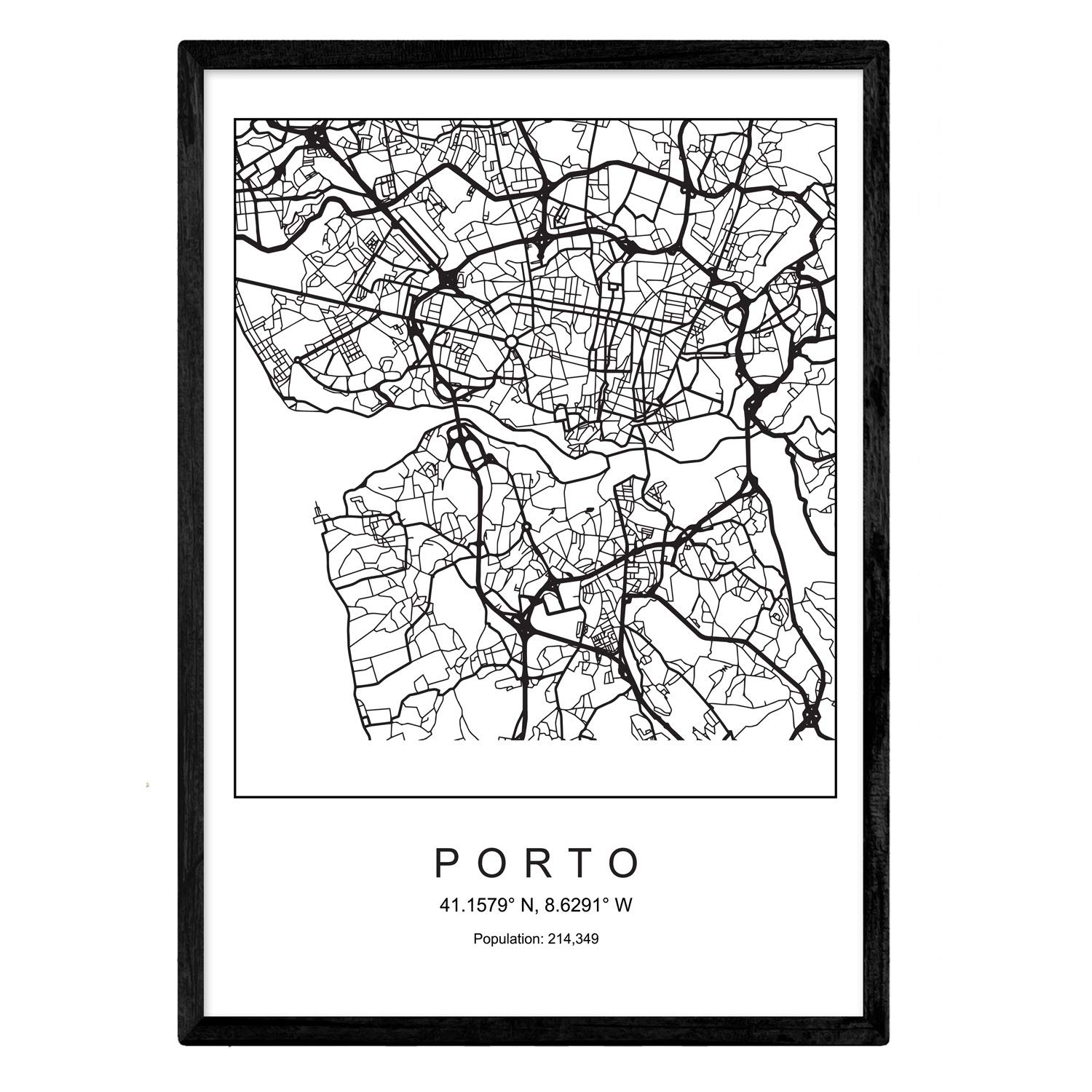 Print city map Porto Nordic style black and white. A3 size,printed poster paper No 250 gr. Paintings, prints and posters for living room and bedroom
