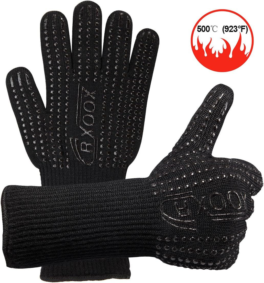 Barbecue gloves in black (set of 2), up to 500 °C resistant, EN407 certified, fireplace gloves, silicone oven gloves