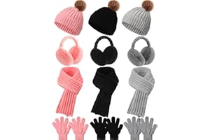 Suhine 12 Pcs Winter Soft Kid Hat Scarf Gloves Earmuffs Set Knit Hat and Gloves Neck Warmer Plush Ear Muffs for Kid Aged 3-10
