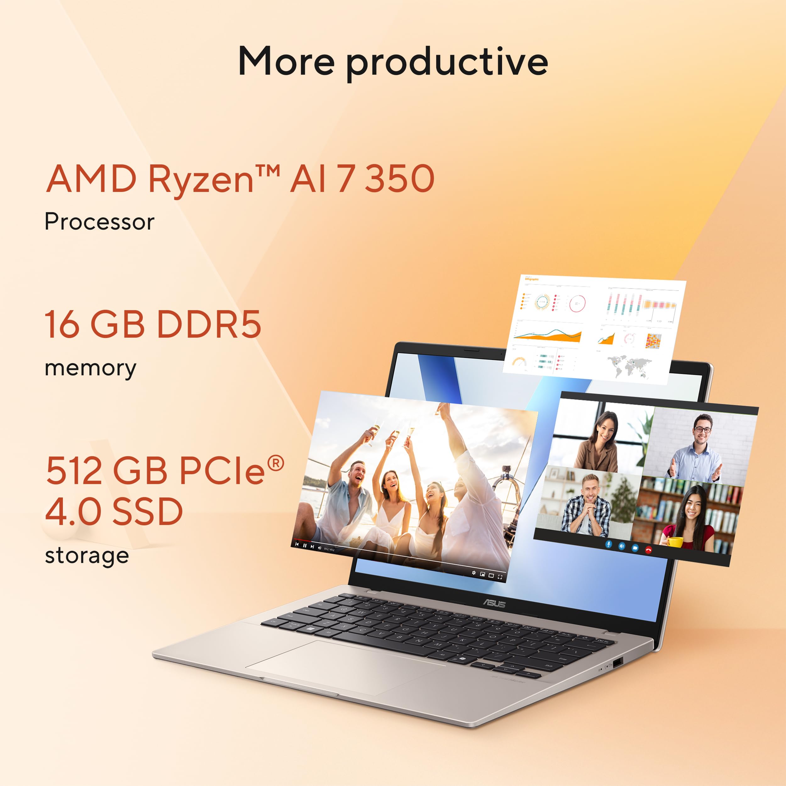 ASUS Vivobook 14 Laptop, Copilot+ PC, 14” WUXGA 60Hz Display, AMD Ryzen AI 7 350 with XDNA NPU, AMD Radeon Graphics, 16GB RAM, 512GB SSD, Platinum Gold, M1407KA-PS74