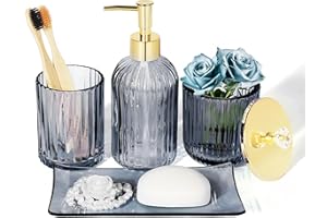 KUKIKAN Designer Blue Glass Bathroom Accessories Sets - 4 Pcs with Lotion Soap Dispenser, Bathroom Toothbrush Holder, Vanity Tray, and Apothecary Jar, Vintage Bathroom Decor, Gift Countertop Organizer