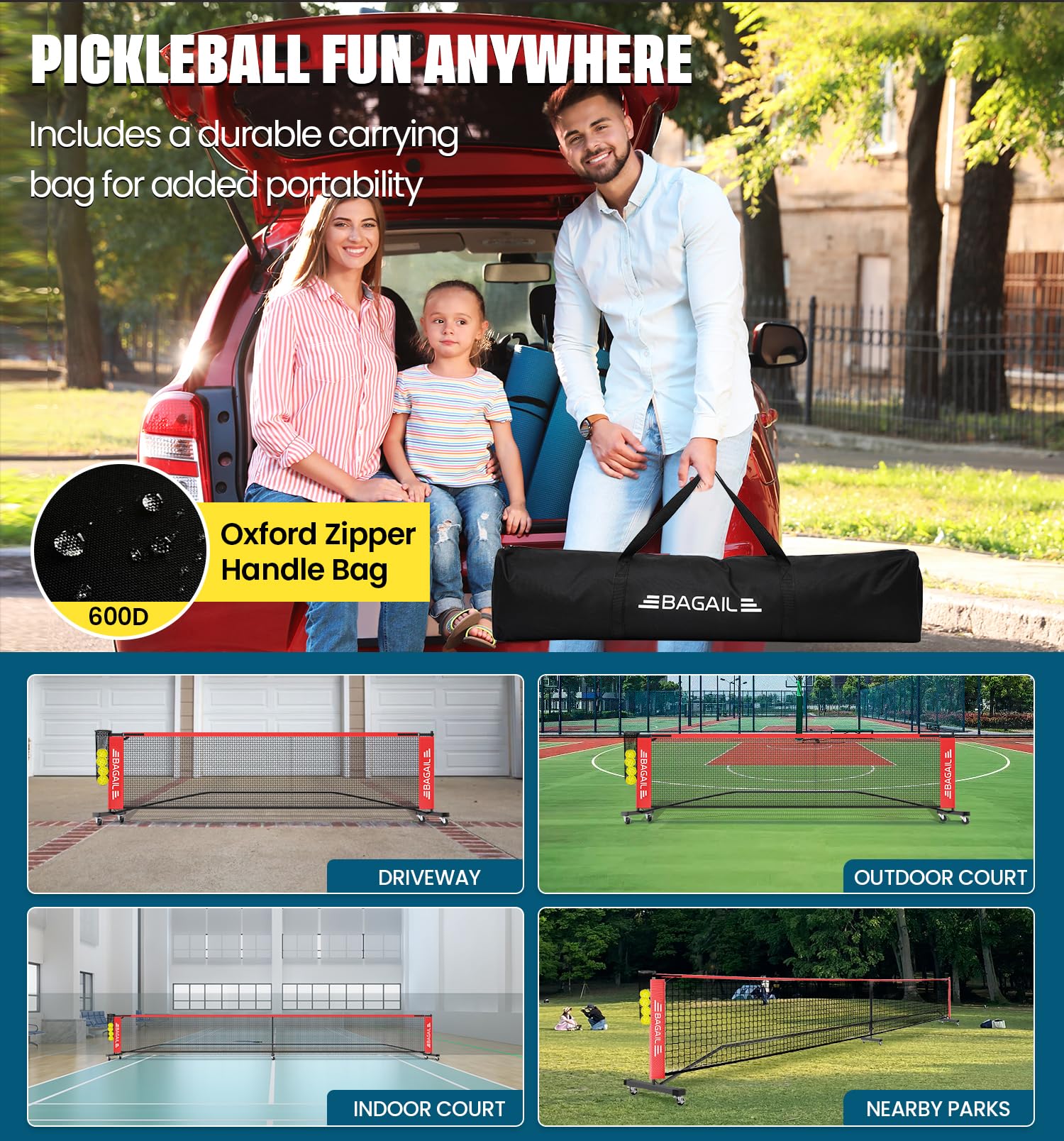 BAGAIL Portable Pickleball Net Set with Wheels, 22 FT Regulation Size & 11 FT Half Court Size 2-in-1 Pickle Ball Net with Ball Collector, Carry Bag, 4 Pickle Balls, Easy Setup for Outdoor Indoor
