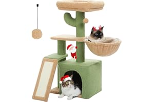 PETEPELA Cactus Cat Tree for Indoor Cats, 32'' Small Cat Tower Cat Condo with Sisal Scratching Ramp, Cozy Hammock and Removable Top Bed Perch for Kittens, Green
