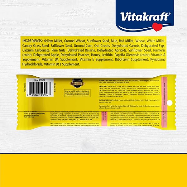 VITAKRAFT CRUNCH STICKS COCKATIEL TREAT APRICOT PEACH FLAVOR – TRIPLE BAKED LONG LASTING BIRD TREATS WITH NATURAL WOOD CHEW CENTER FOR BEAK HEALTH AND ENRICHMENT – 3.5 OZ.