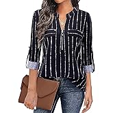 Bulotus 3/4 Length Sleeve Womens Striped Tops Zipper V Neck Collared Blouses Business Casual Tunics 2026 Spring Trendy