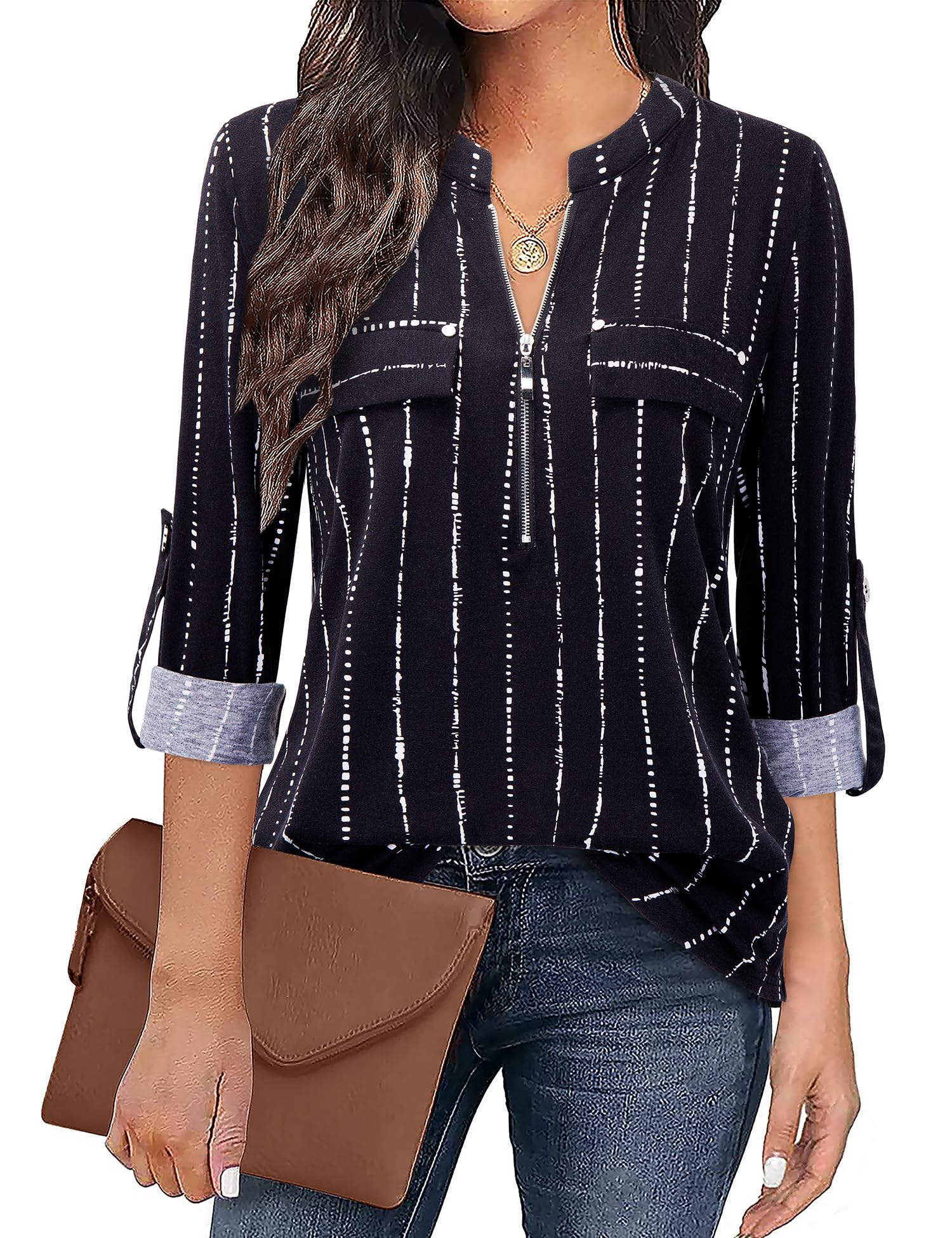 Siddhe Damen V-Ausschnitt Bluse 3/4 Ärmel Tunika Reißverschluss Langshirt Langarm Hemd Tops T-Shirt Oberteile Tunika Tops